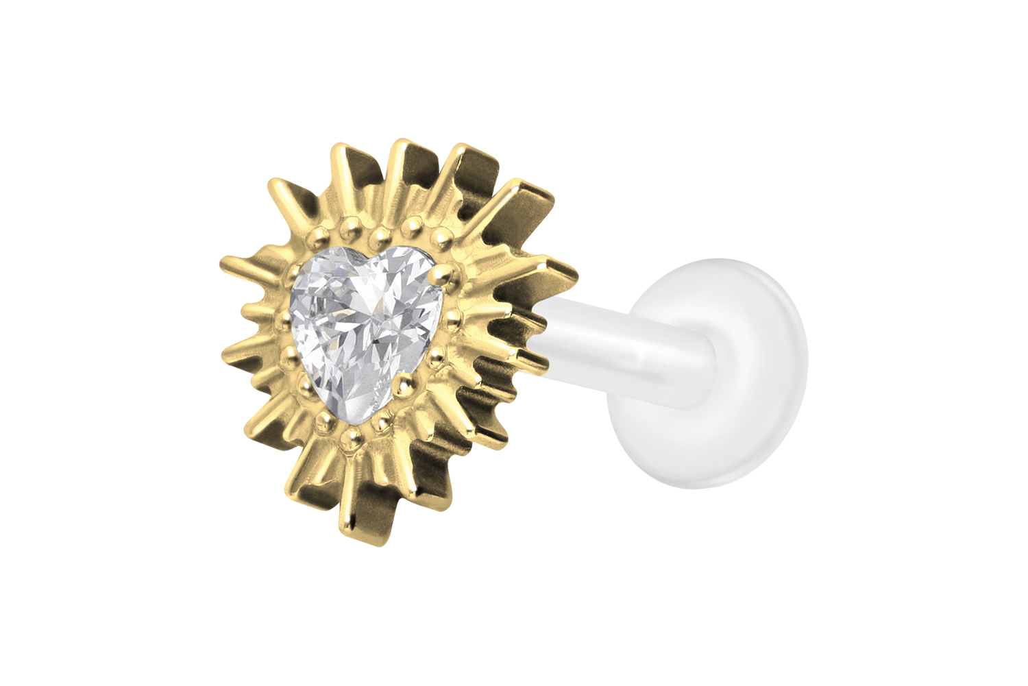 PTFE Labret Piercing mit Innengewinde + Titan-Aufsatz KRISTALLHERZ + SONNENSTRAHLEN